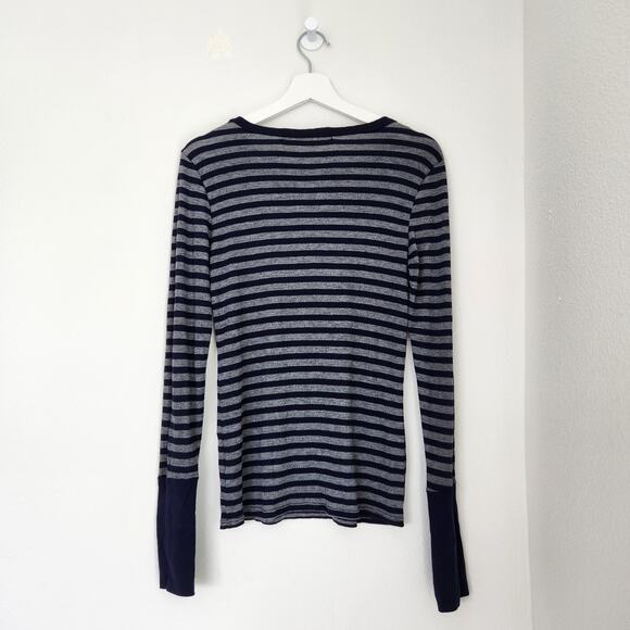 Y2K Michael Stars Navy Blue Gray Striped Long Sleeve Shirt Indie Thumb Holes M - Picture 5 of 8